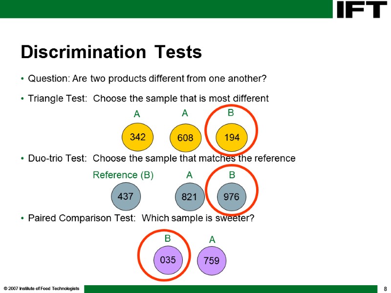 © 2007 Institute of Food Technologists 8 Discrimination Tests Question: Are two products different